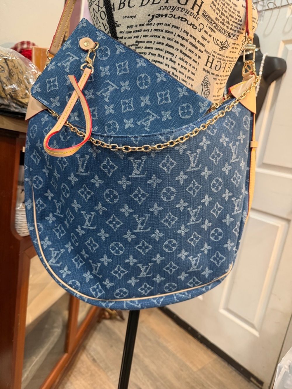 Designer-Inspired‎ Blue Monogram Shoulder Bag with Gold Chain